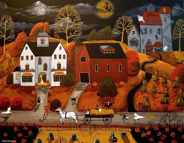 Folk Art Art Print featuring the painting Halloween Hay Ride - a folkartmama - folk art by Debbie Criswell