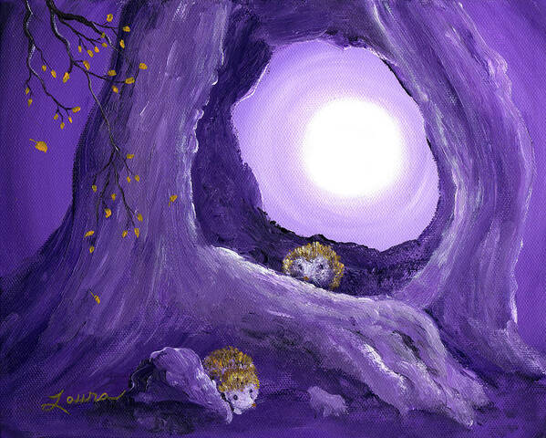 Painting Art Print featuring the painting Hedgehogs in Purple Moonlight by Laura Iverson