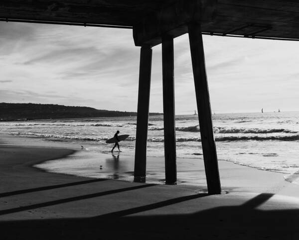 Pier Art Print featuring the photograph Hermosa Surfer Under Pier by Michael Hope