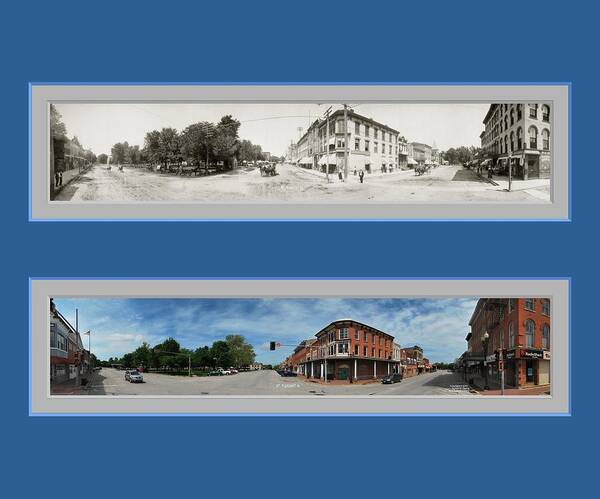 Historic Panorama Panoramic Reproduction Old New Now Then Mount Pleasant Mt Iowa Art Print featuring the photograph Historic Mount Pleasant Iowa Panoramic Reproduction by Ken DePue