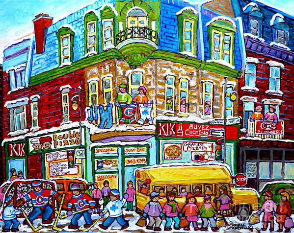 Montreal Art Print featuring the painting Hockey Art Winter Street Painting Double Pizza Restaurant Scenes Canadian Artist Carole Spandau   by Carole Spandau