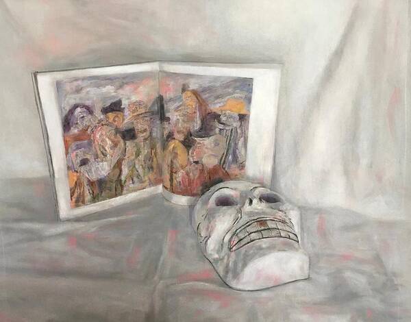 Mask - Memento Mori _ James Ensor _ Intrigue_ Still Life With Art Book - Pastel On Paper. Death Mask - Still Life - Classical Still Life- Death - Vanitas Art Print featuring the drawing Hommage to Ensor by Paez ANTONIO