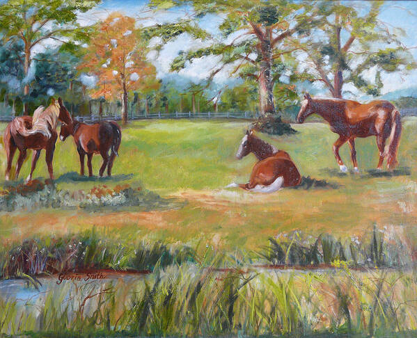 Horses.animal Art Print featuring the painting Horse farm in Georgia by Gloria Smith