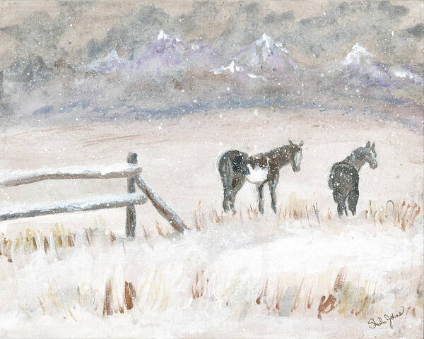 Horses Art Print featuring the painting Horses in Snow by Sheila Johns