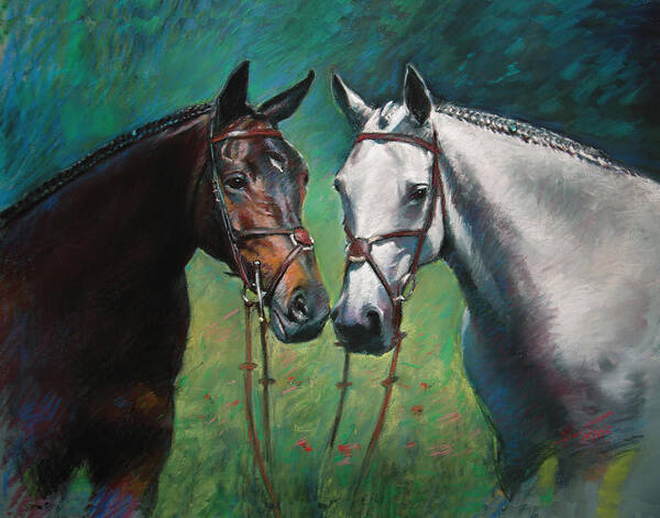 Horses Art Print featuring the pastel Horses by Ylli Haruni