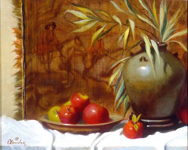 Still Life Art Print featuring the painting Hunting Tapestry with Chinese vase and apples by David Olander