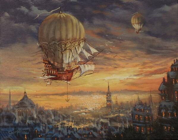 Airship Art Print featuring the painting In Her Majesty's Service Steampunk Series by Tom Shropshire