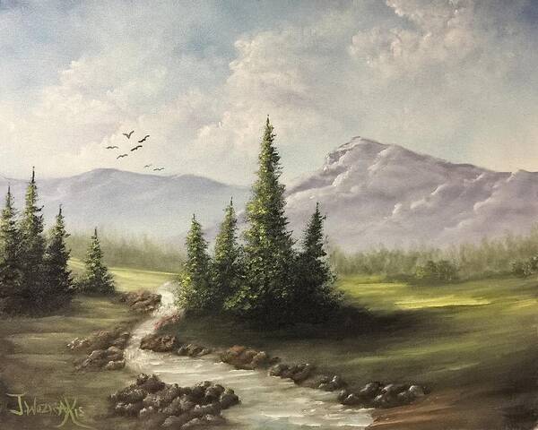 Tree Landscape Mountain Meadow Sky Cloud Pine Tree Grass Land Valley Art Print featuring the painting In the valley by Justin Wozniak