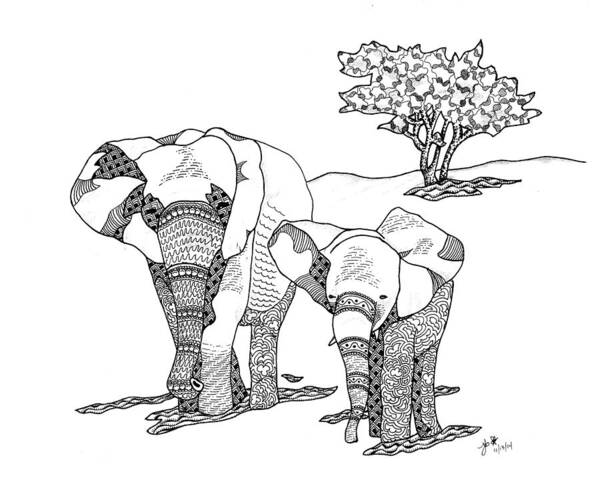 Elephant Art Print featuring the drawing Kenyan Walk by Jan Steinle
