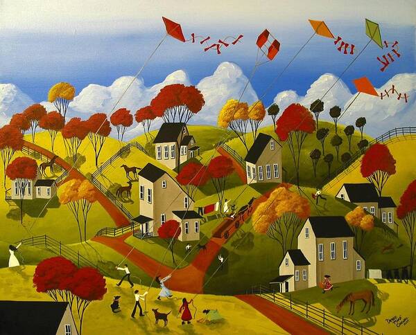 Folk Art Art Print featuring the painting Kite Flying Frenzy by Debbie Criswell