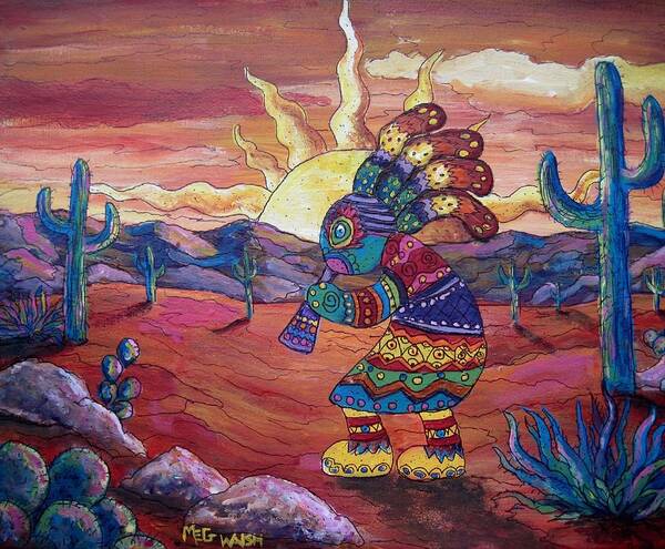 Southwestern Art Art Print featuring the painting Kokopelli sunset by Megan Walsh