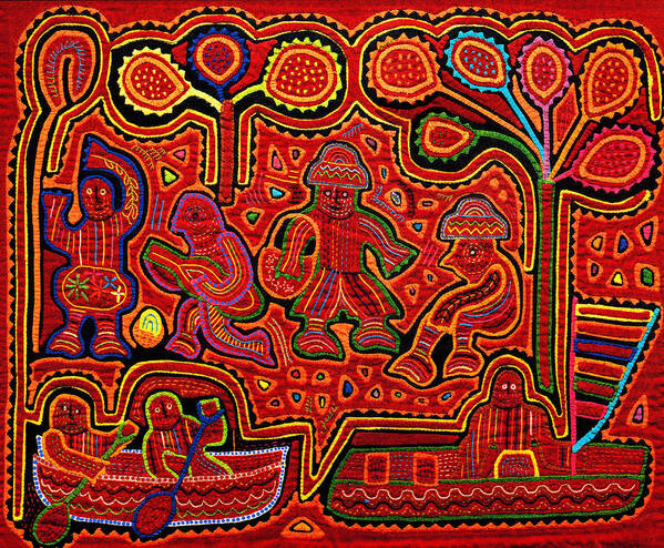 Kuna Indian Art Print featuring the digital art Kuna Indian Men in Boats by Vagabond Folk Art - Virginia Vivier