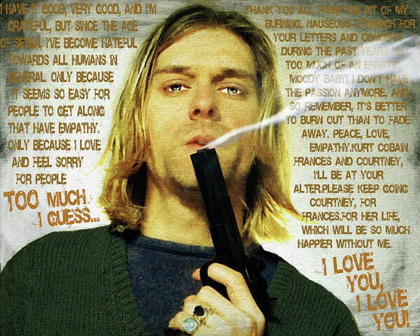 Kurt Cobain Art Print featuring the painting Kurt Cobain Nirvana With Gun And Suicide Note Painting Macabre 1 by Tony Rubino