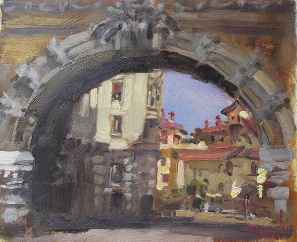 Arco. Via Tagliamento Art Print featuring the painting L-arco di Via Tagliamento Rome by Ylli Haruni