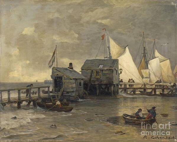 Andreas Achenbach Art Print featuring the painting Landing Stage With Sailing Ships by MotionAge Designs