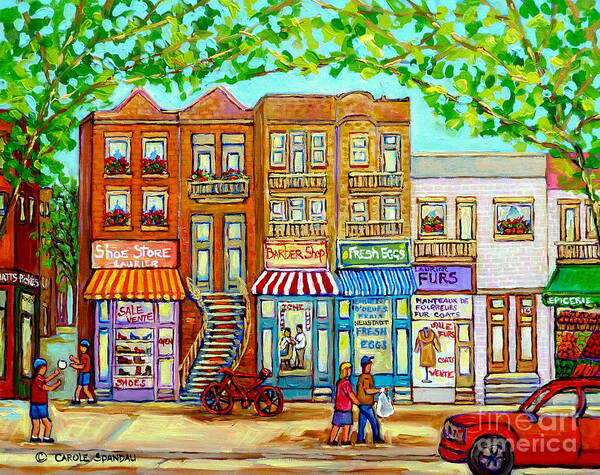 Montreal Art Print featuring the painting Laurier Street Circa 1960 Montreal Memories Vintage Store Fronts Apartments Family Life Canadian Art by Carole Spandau