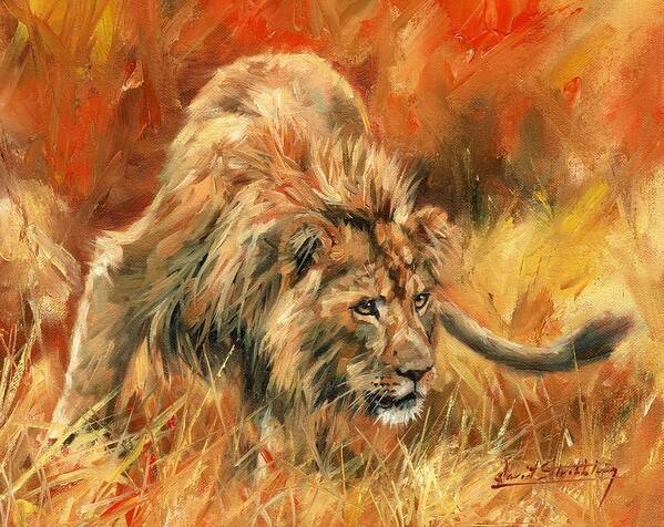 Lion Art Print featuring the painting Lion Alert by David Stribbling