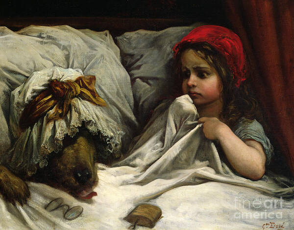 Wolf; Disguise; Child; Girl; Fairy Tale; Story; Glasses; Bed; Nightcap; Fear Art Print featuring the painting Little Red Riding Hood by Gustave Dore