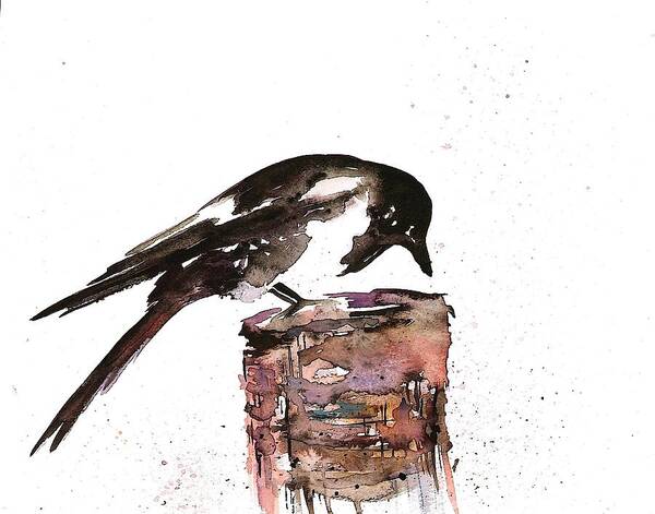 Magpie Art Print featuring the painting Magpie on a Stump by Carolyn Doe