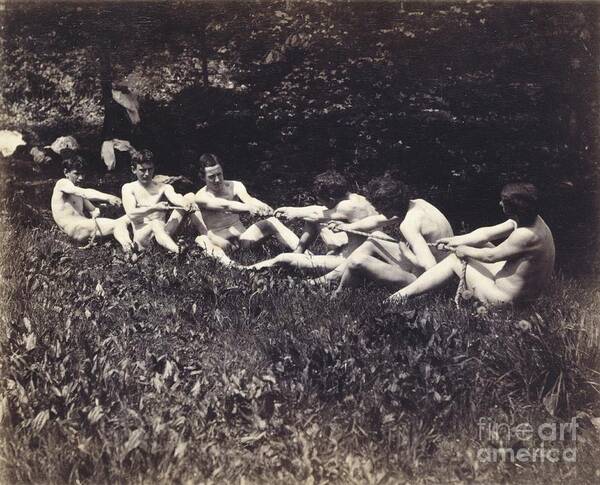 Males Art Print featuring the photograph Males nudes in a seated tug-of-war by Thomas Cowperthwait Eakins