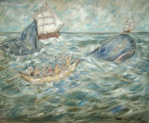 Seascape Whale Ship Ocean Whaleboat Art Print featuring the painting Mobey Dick by Joseph Sandora Jr