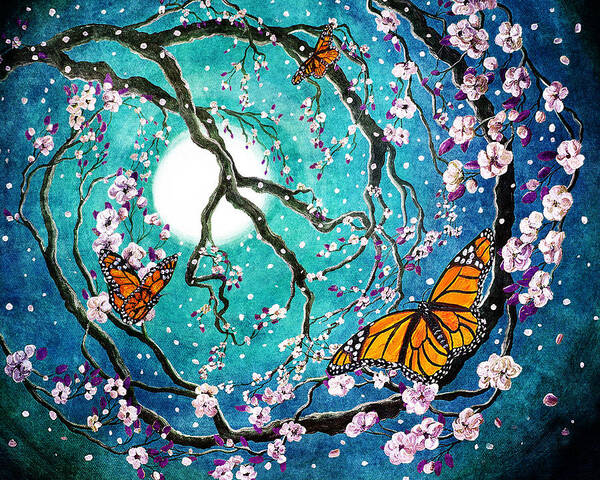 Fantasy Art Print featuring the digital art Monarch Butterflies in Teal Moonlight by Laura Iverson