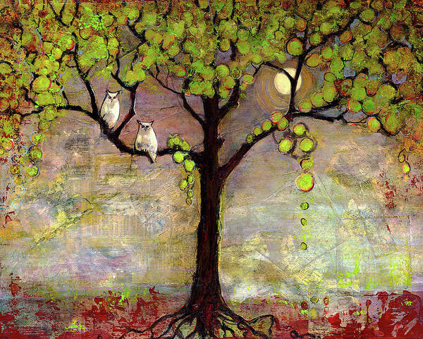 Owl Art Print featuring the painting Moon River Tree Owls by Blenda Studio