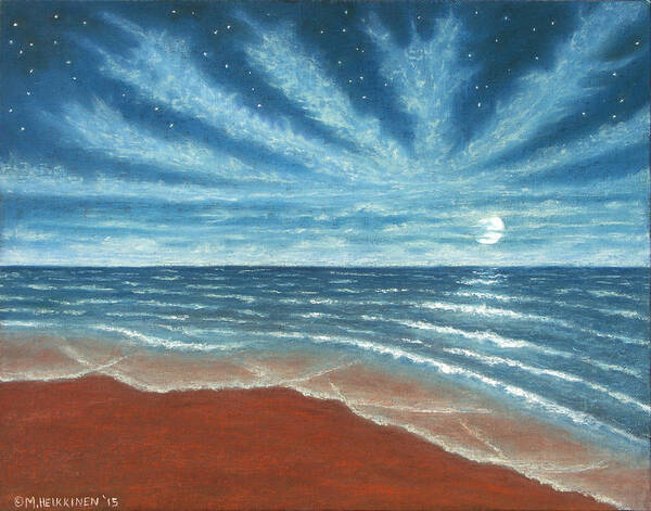 Moonlit Art Print featuring the pastel Moonlit Beach by Michael Heikkinen