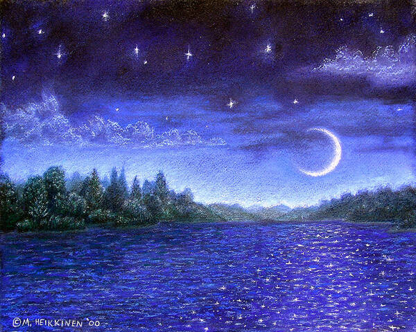 Moonlit Art Print featuring the pastel Moonlit Lake by Michael Heikkinen