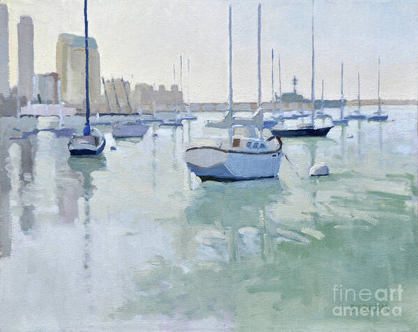 Sailboats Art Print featuring the painting Moored Boats on San Diego Harbor by Paul Strahm