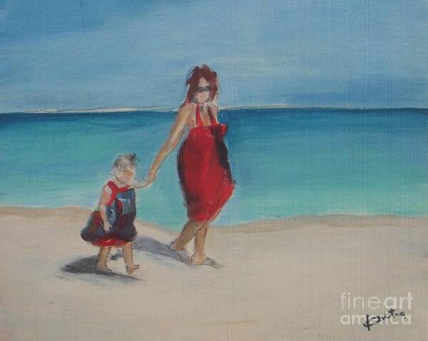 Mom Art Print featuring the painting Mother and Daughter Walk on the Beach by Vesna Antic