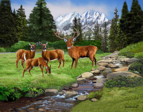 Mountain Red Deer Art Print featuring the digital art Mountain Red Deer Safari by Glenn Holbrook