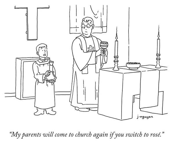 “my Parents Will Come To Church Again If You Switch To Rosé.” Wine Art Print featuring the drawing My parents will come to church again if by Jeremy Nguyen