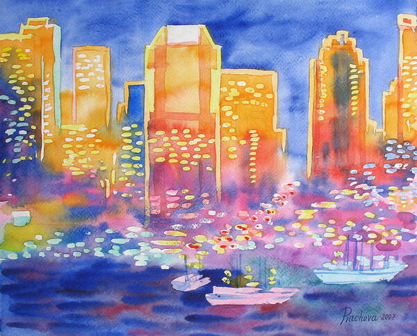 Landscape Art Print featuring the painting New York Great City Silhouettes.2007 by Natalia Piacheva