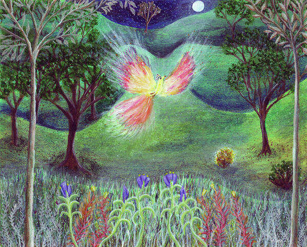 Lise Winne Art Print featuring the painting Night With Fire bird and Sacred Bush by Lise Winne