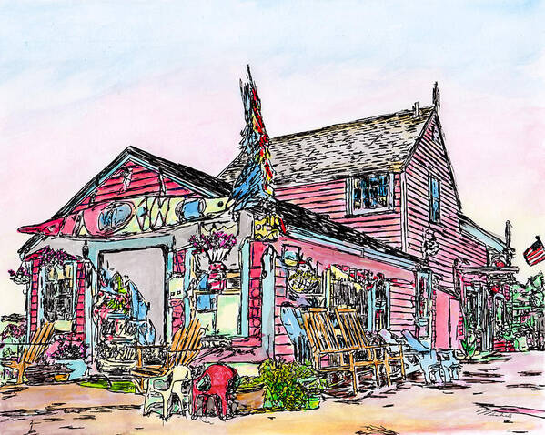 Pen Art Print featuring the drawing North Shore Kayak Shop, Rockport Massachusetts by Michele A Loftus