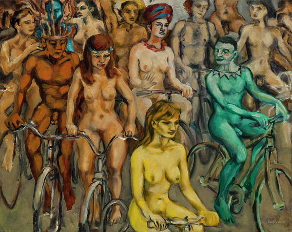 Body-paint Art Print featuring the painting Nude cyclists with bodypaint by Peregrine Roskilly