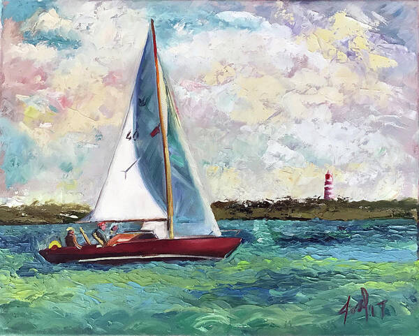 Seascape Art Print featuring the painting Ollie and Molly Take Mara Sailing by Josef Kelly