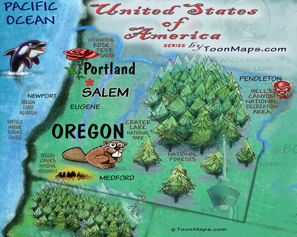 Oregon Art Print featuring the digital art Oregon Fun Map by Kevin Middleton