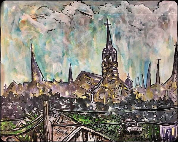 Cityscape Art Print featuring the mixed media Our Lady of the Lake University in the Distance by Angela Weddle