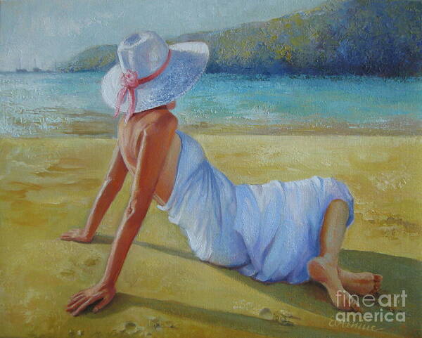 Woman Art Print featuring the painting Peaceful moments by Elena Oleniuc