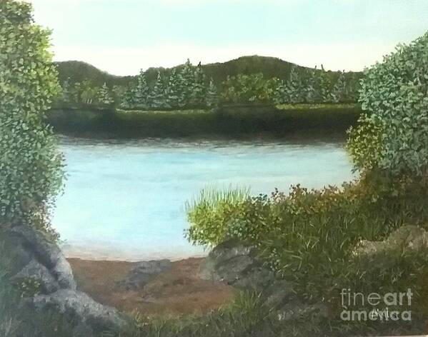 Lake Art Print featuring the painting Peaceful morning. by Peggy Miller