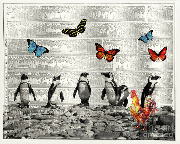 Penguins Art Print featuring the mixed media Penguins and butterflies vintage collage by Delphimages Photo Creations