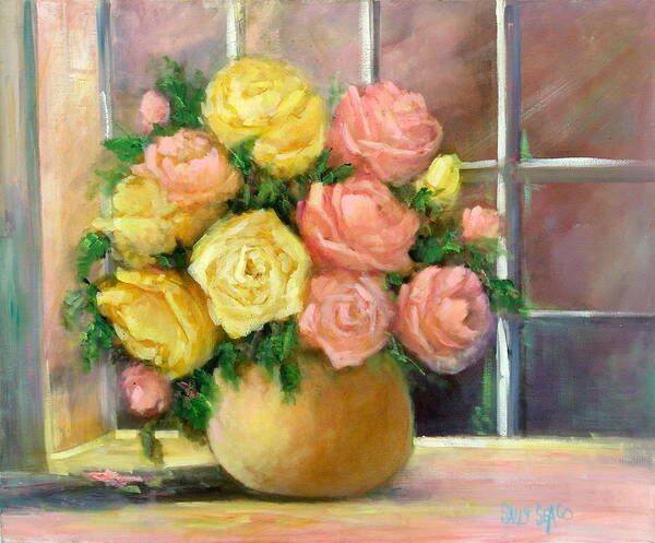 Roses Art Print featuring the painting Pink and Yellow Roses by Sally Seago