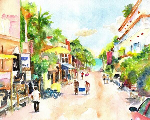 Playa Del Carmen Art Print featuring the painting Playa del Carmen Mexico Shops by Carlin Blahnik CarlinArtWatercolor