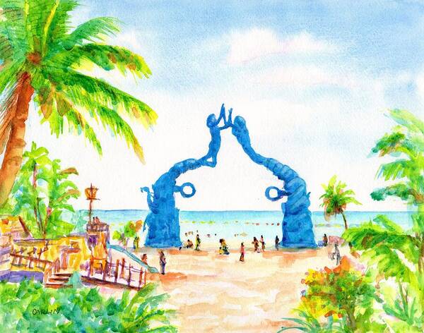 Playa Del Carmen Art Print featuring the painting Playa del Carmen Portal Maya Statue by Carlin Blahnik CarlinArtWatercolor