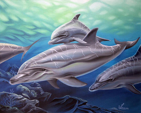 Dolphins Art Print featuring the painting Playground by William Love