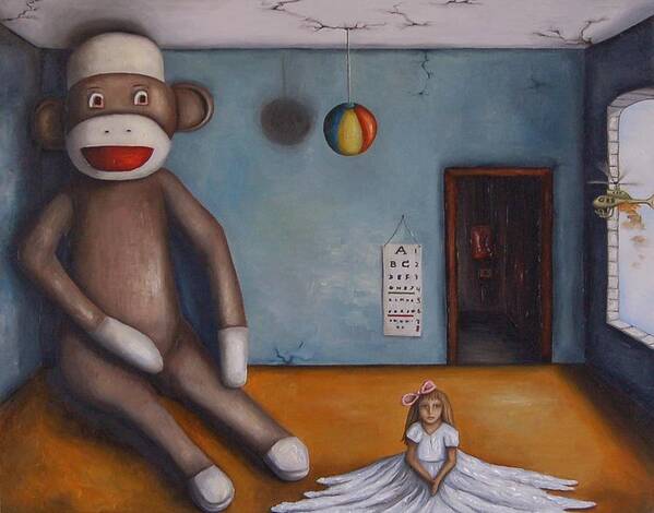 Sock Monkey Art Print featuring the painting Playroom Nightmare by Leah Saulnier The Painting Maniac