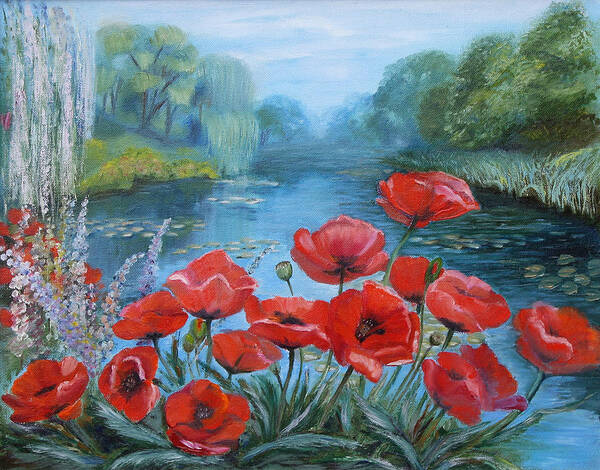 Elena Antakova Art Print featuring the painting Poppies at Peaceful Pond by Elena Antakova
