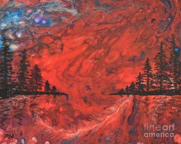 Pour Art Print featuring the painting Pour - Red and Pines by Monika Shepherdson